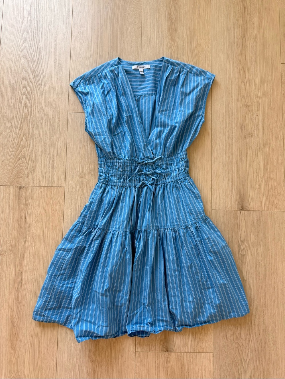 10 Crosby Derek Lam Blue Striped V-Neck Smocked Waist Mini Dress Womens